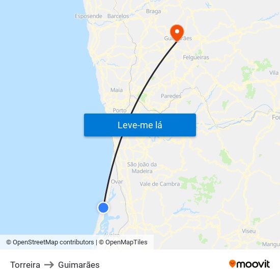 Torreira to Guimarães map