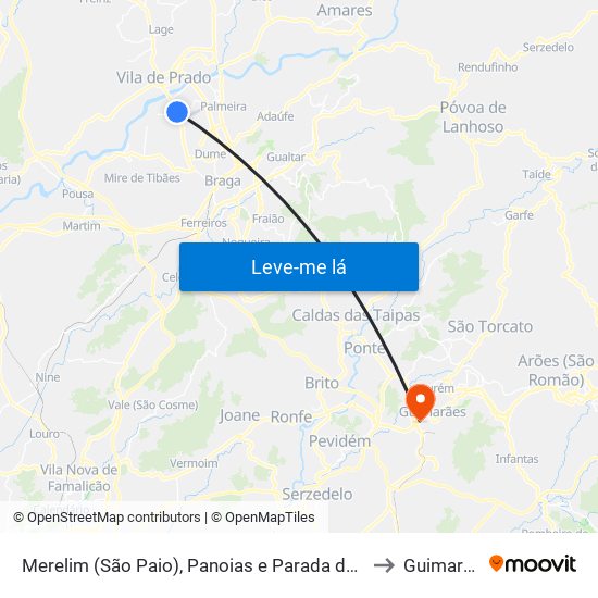 Merelim (São Paio), Panoias e Parada de Tibães to Guimarães map