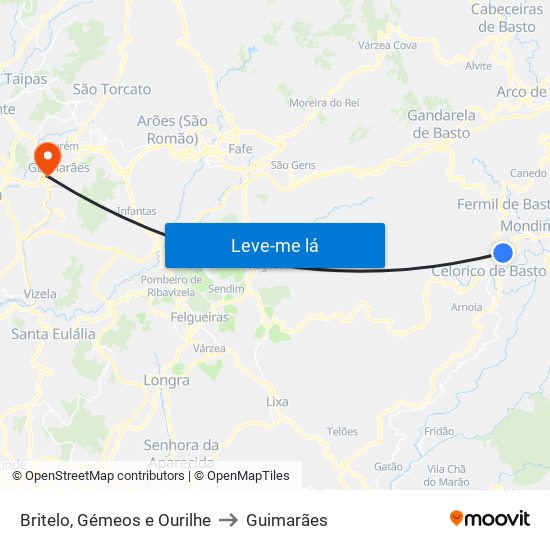 Britelo, Gémeos e Ourilhe to Guimarães map