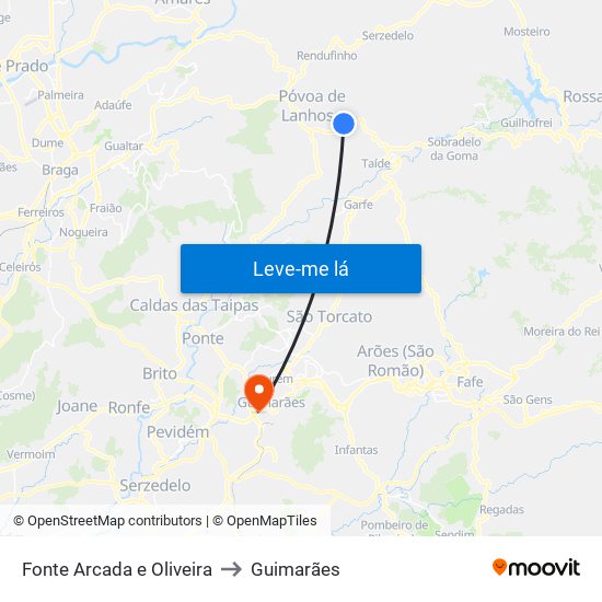 Fonte Arcada e Oliveira to Guimarães map