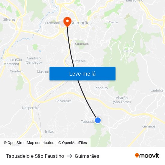 Tabuadelo e São Faustino to Guimarães map