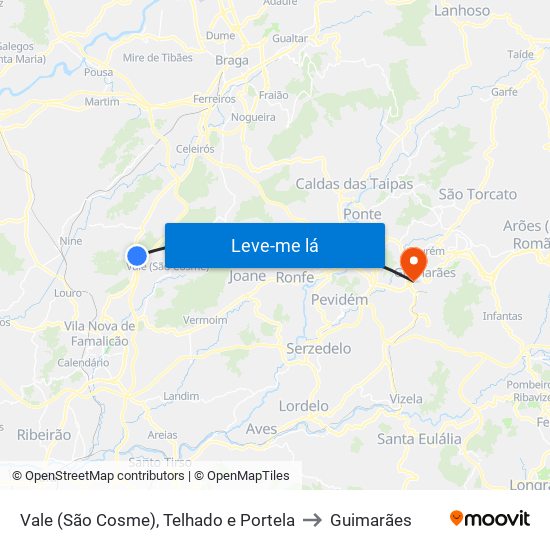 Vale (São Cosme), Telhado e Portela to Guimarães map