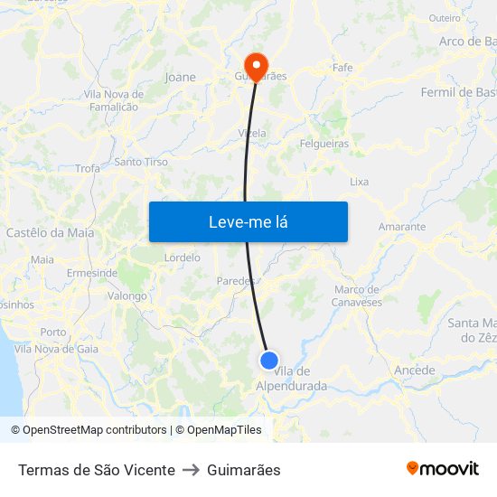 Termas de São Vicente to Guimarães map