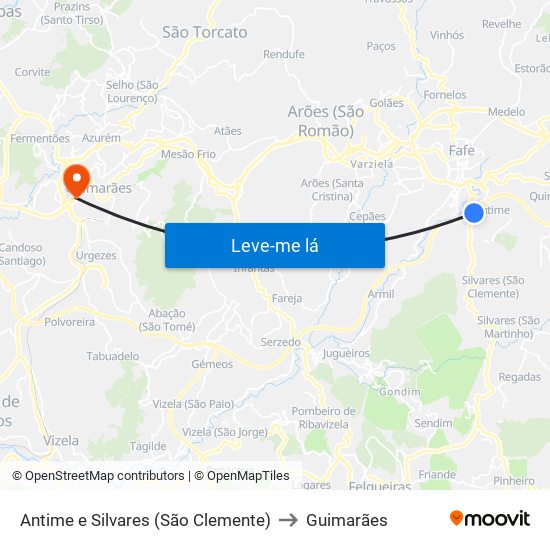 Antime e Silvares (São Clemente) to Guimarães map