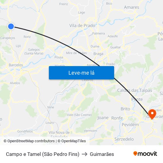 Campo e Tamel (São Pedro Fins) to Guimarães map