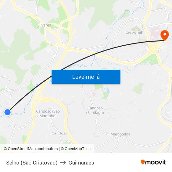 Selho (São Cristóvão) to Guimarães map