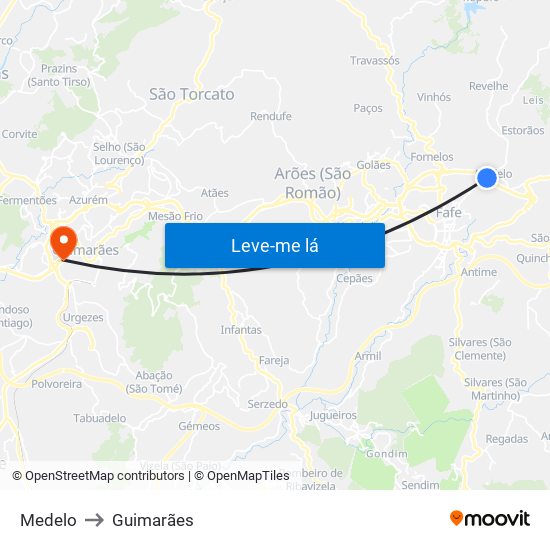 Medelo to Guimarães map