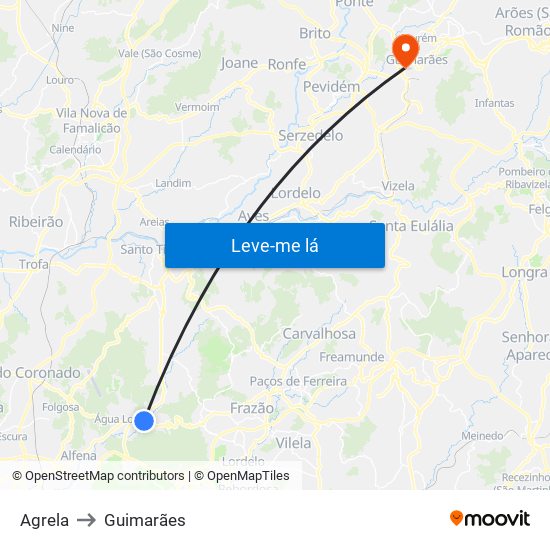 Agrela to Guimarães map