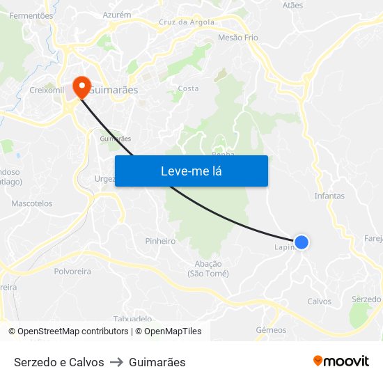 Serzedo e Calvos to Guimarães map