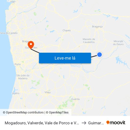 Mogadouro, Valverde, Vale de Porco e Vilar de Rei to Guimarães map