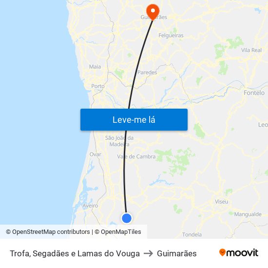 Trofa, Segadães e Lamas do Vouga to Guimarães map