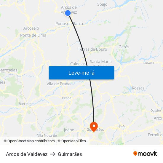 Arcos de Valdevez to Guimarães map
