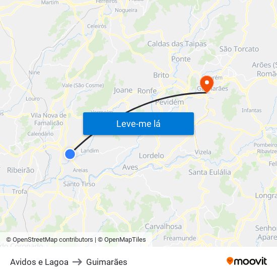 Avidos e Lagoa to Guimarães map