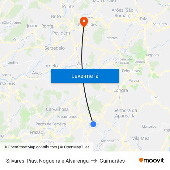 Silvares, Pias, Nogueira e Alvarenga to Guimarães map