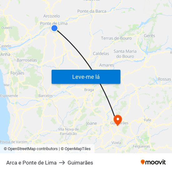Arca e Ponte de Lima to Guimarães map