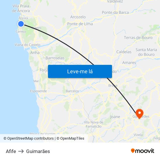 Afife to Guimarães map