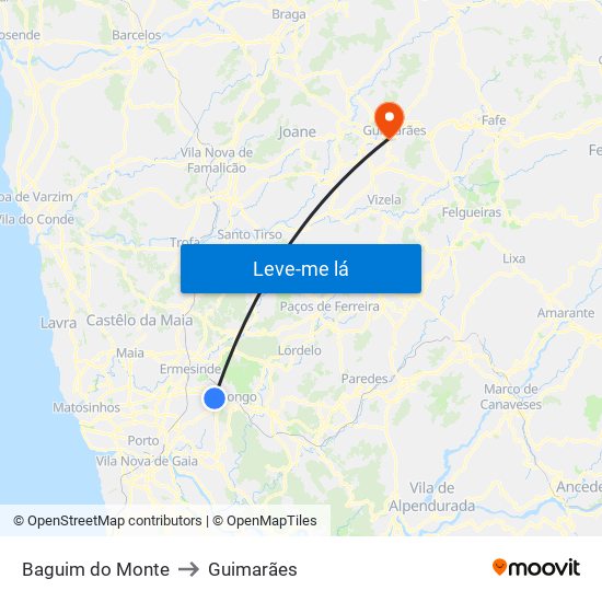 Baguim do Monte to Guimarães map
