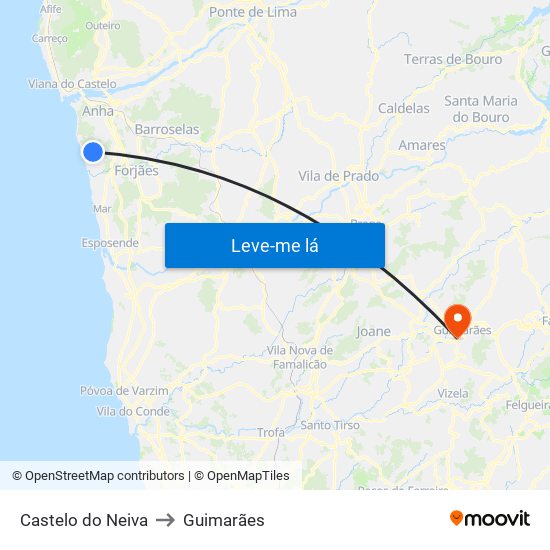 Castelo do Neiva to Guimarães map