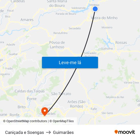 Caniçada e Soengas to Guimarães map