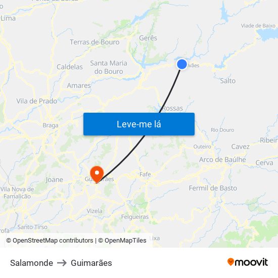 Salamonde to Guimarães map