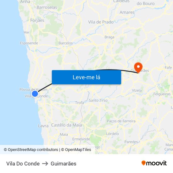 Vila Do Conde to Guimarães map