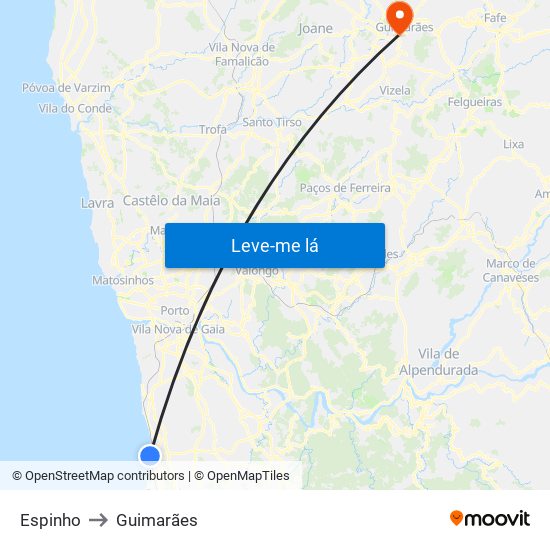 Espinho to Guimarães map