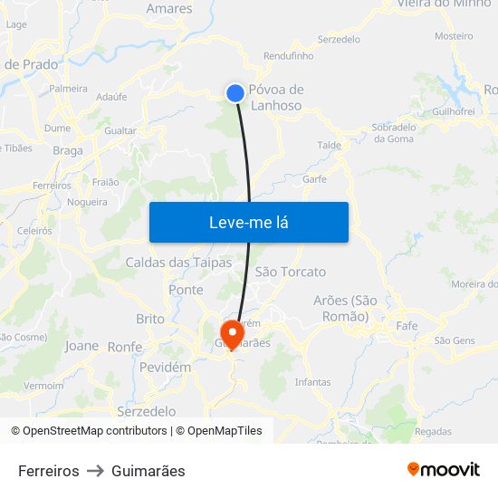 Ferreiros to Guimarães map