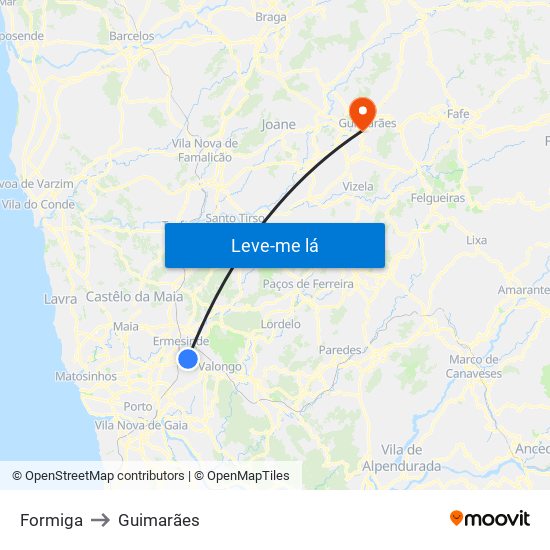 Formiga to Guimarães map