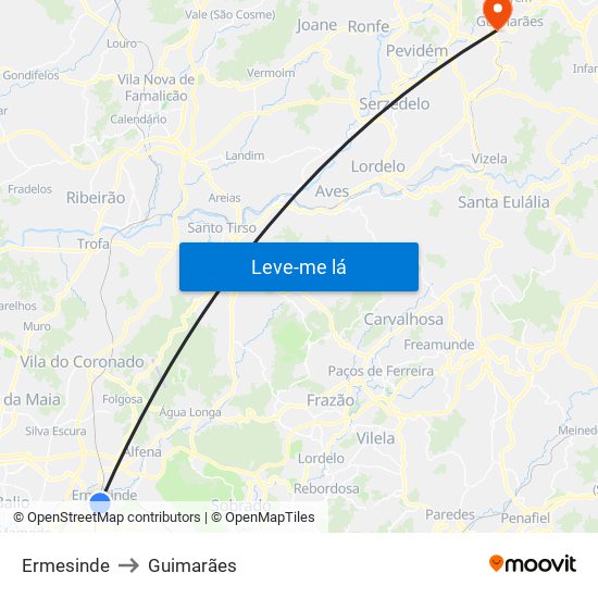 Ermesinde to Guimarães map