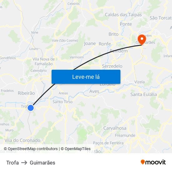 Trofa to Guimarães map