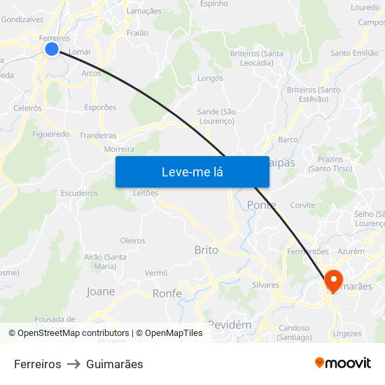 Ferreiros to Guimarães map