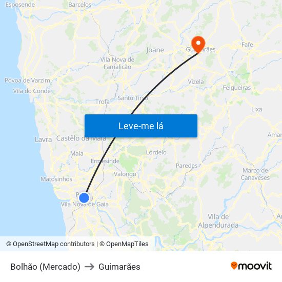 Bolhão (Mercado) to Guimarães map