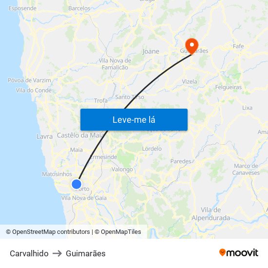 Carvalhido to Guimarães map