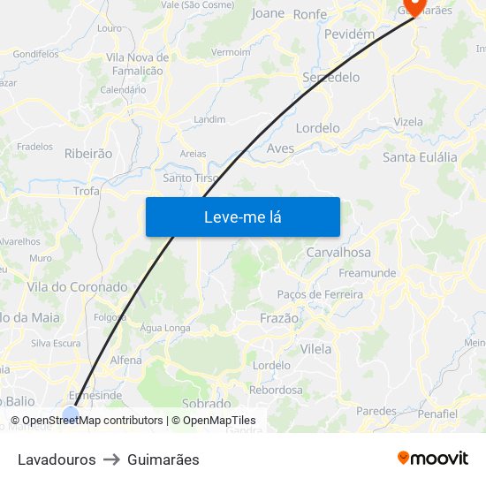 Lavadouros to Guimarães map