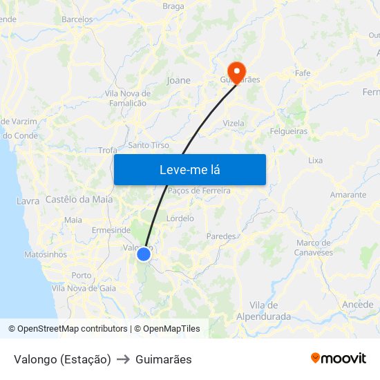 Valongo (Estação) to Guimarães map