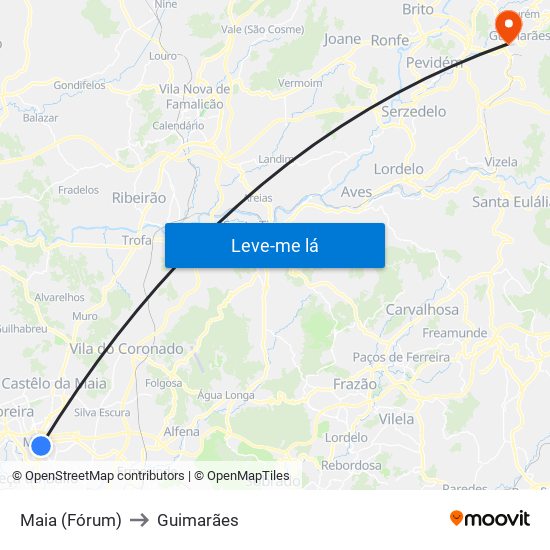 Maia (Fórum) to Guimarães map