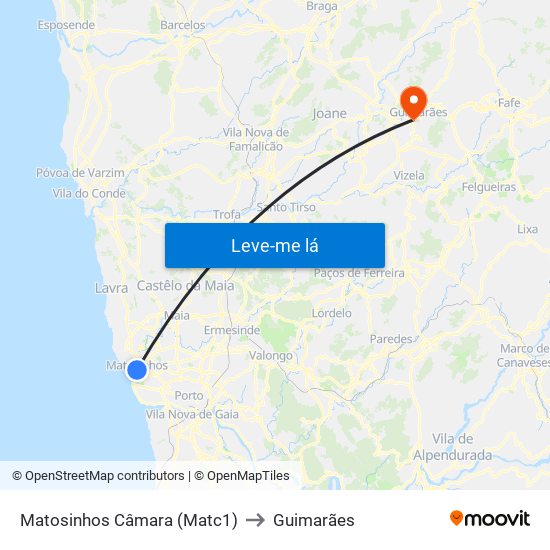 Matosinhos Câmara (Matc1) to Guimarães map