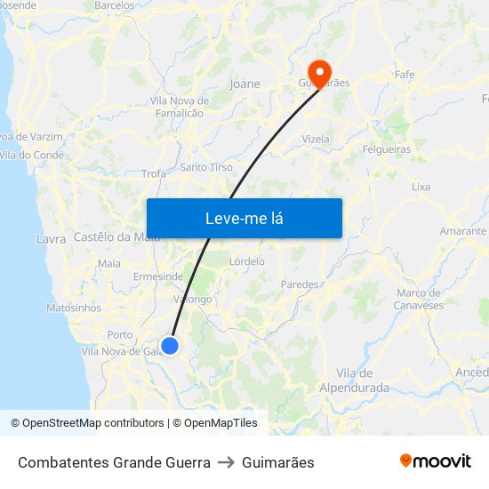 Combatentes Grande Guerra to Guimarães map