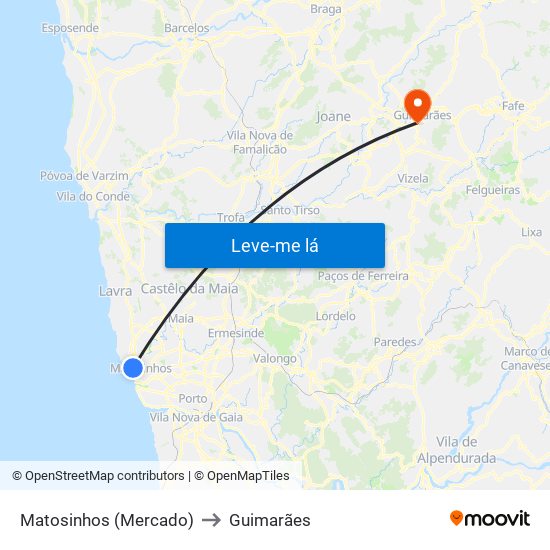 Matosinhos (Mercado) to Guimarães map