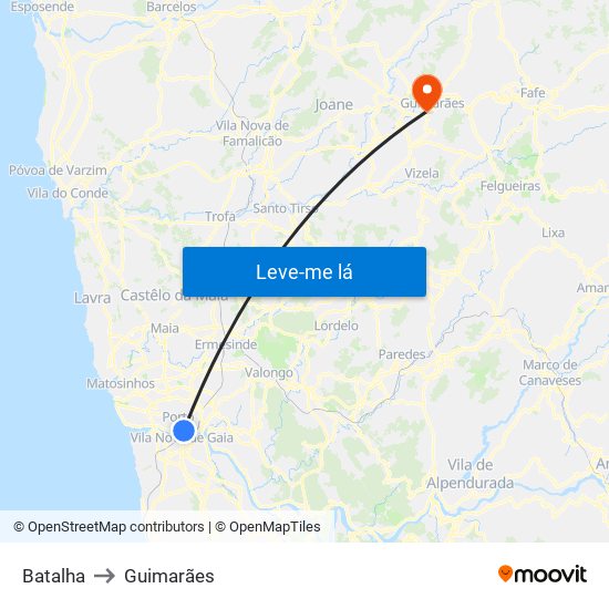 Batalha to Guimarães map