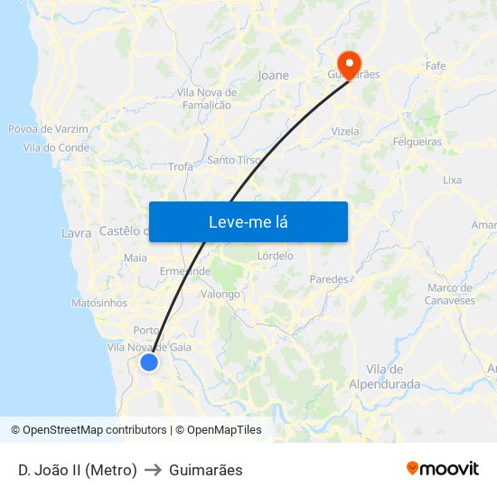 D. João II (Metro) to Guimarães map