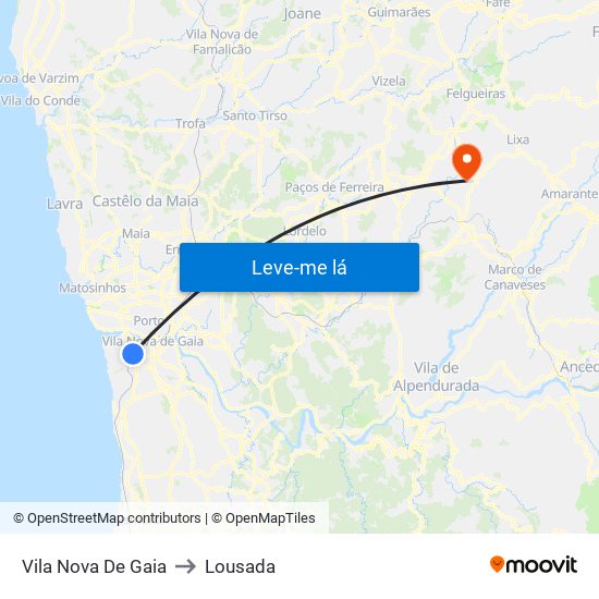 Vila Nova De Gaia to Lousada map