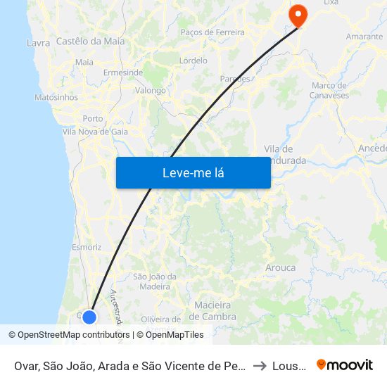 Ovar, São João, Arada e São Vicente de Pereira Jusã to Lousada map