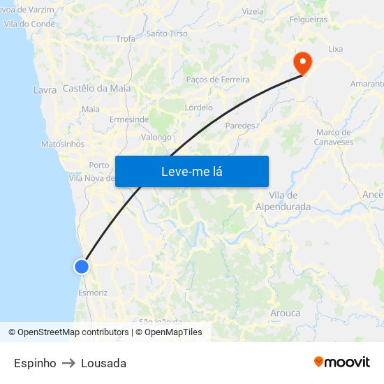 Espinho to Lousada map