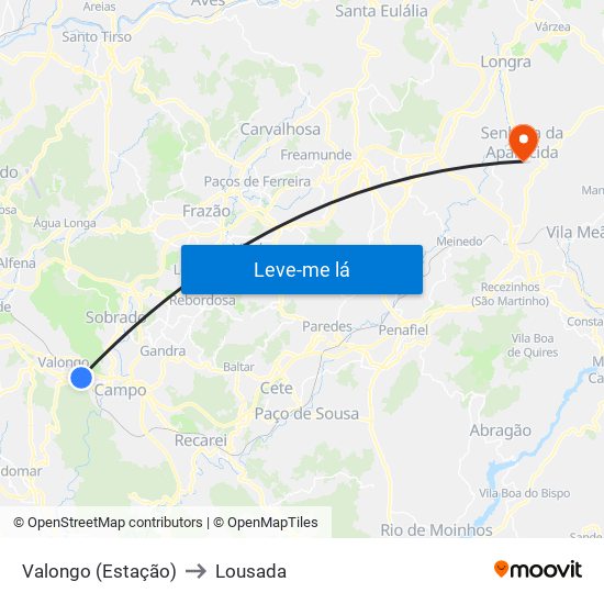 Valongo (Estação) to Lousada map