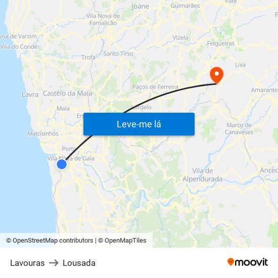 Lavouras to Lousada map