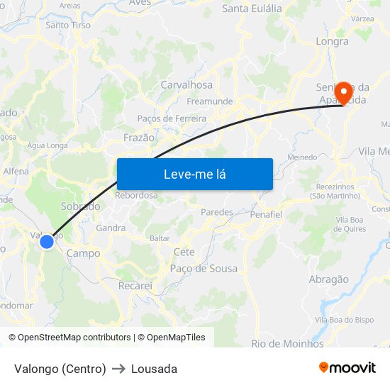 Valongo (Centro) to Lousada map