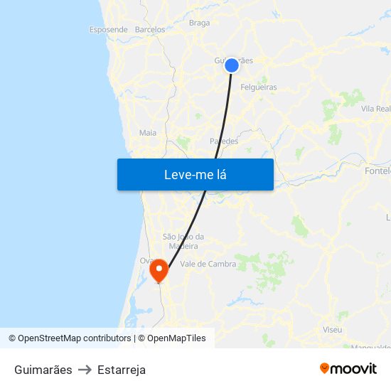 Guimarães to Estarreja map