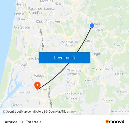 Arouca to Estarreja map