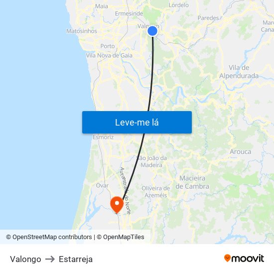 Valongo to Estarreja map